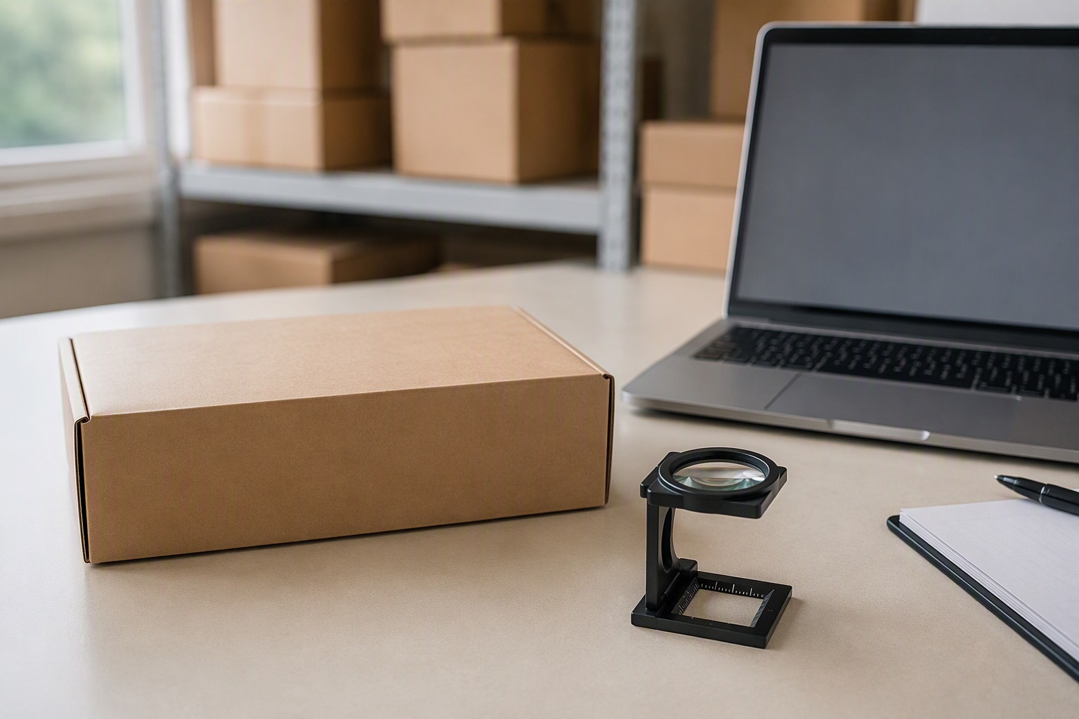 An inspection desk set up to compare genuine and suspect product packaging