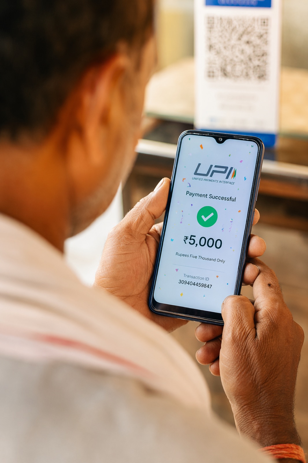 Hands holding a phone showing a successful wallet load