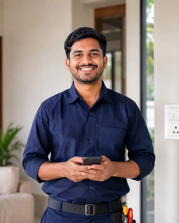 A happy electrician on a residential site smiling at his phone after a reward