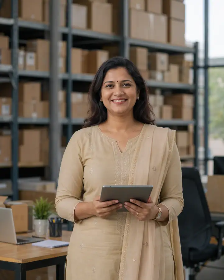 A happy distributor in her warehouse office holding a tablet