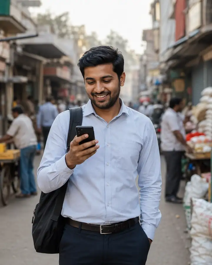 A happy field sales executive on a market street smiling at his phone