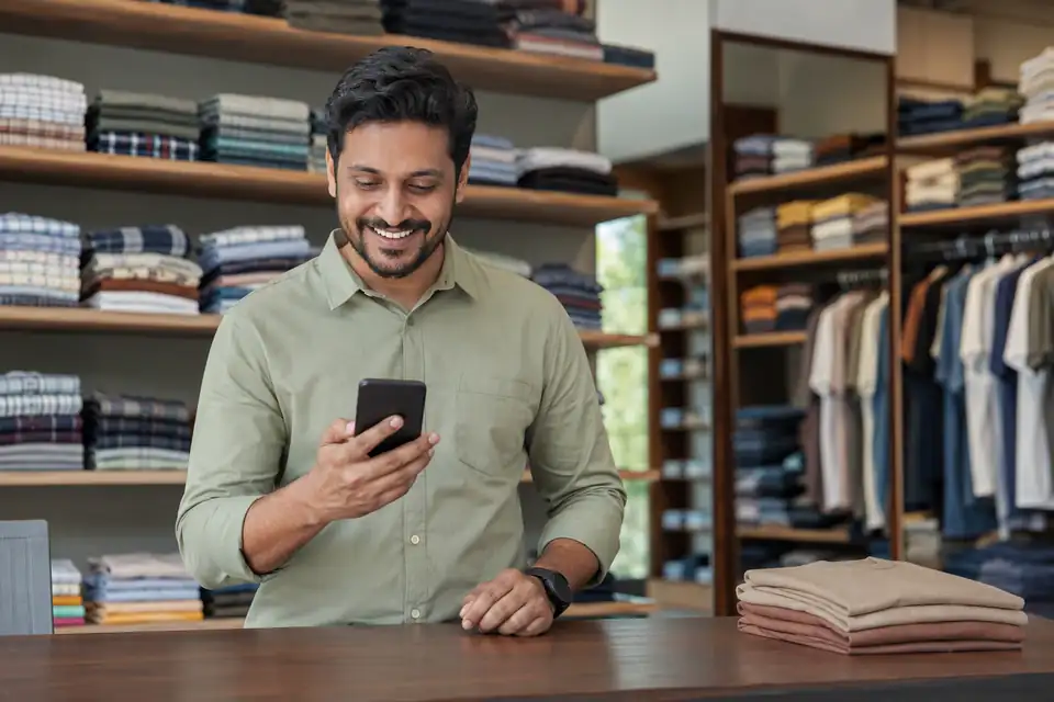 A happy Apparel & Hosiery channel partner seeing incentive progress on his phone with Unotag