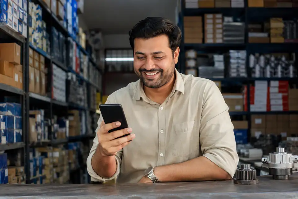 A happy Automotive Parts channel partner seeing incentive progress on his phone with Unotag