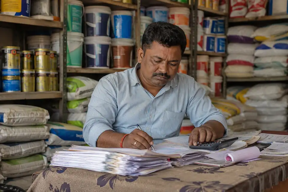 A Adhesives channel partner working out incentives by hand with paper circulars and registers