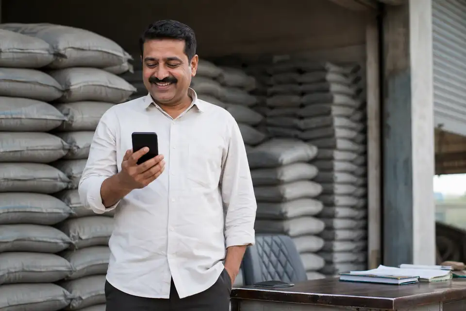 A happy Cement channel partner seeing incentive progress on his phone with Unotag