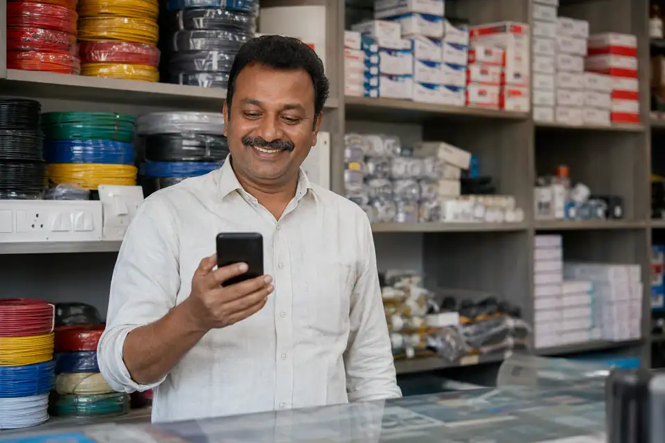 A happy Electrical channel partner seeing incentive progress on his phone with Unotag