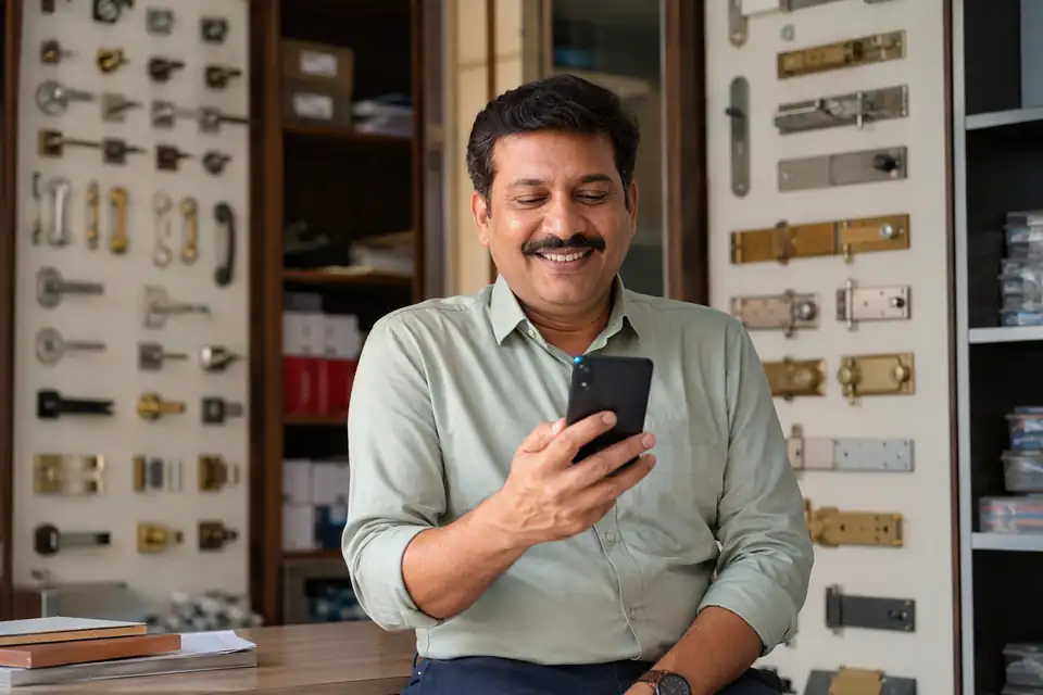 A happy Hardware Fittings channel partner seeing incentive progress on his phone with Unotag