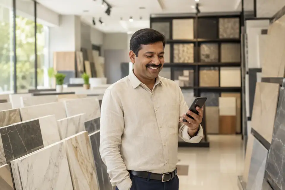 A happy Tiles channel partner seeing incentive progress on his phone with Unotag