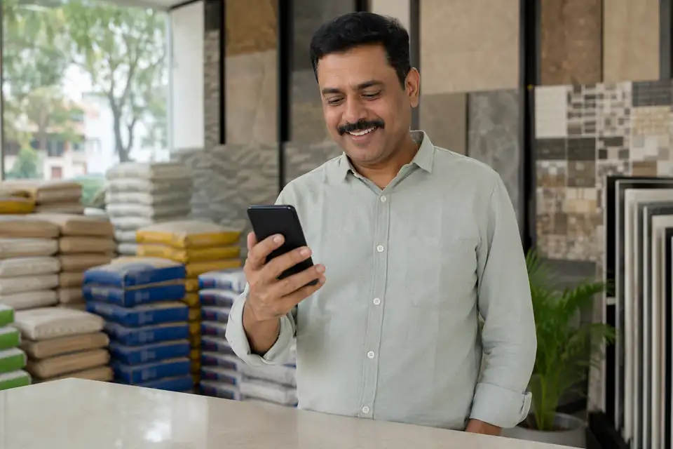 A happy Building Materials channel partner seeing incentive progress on his phone with Unotag