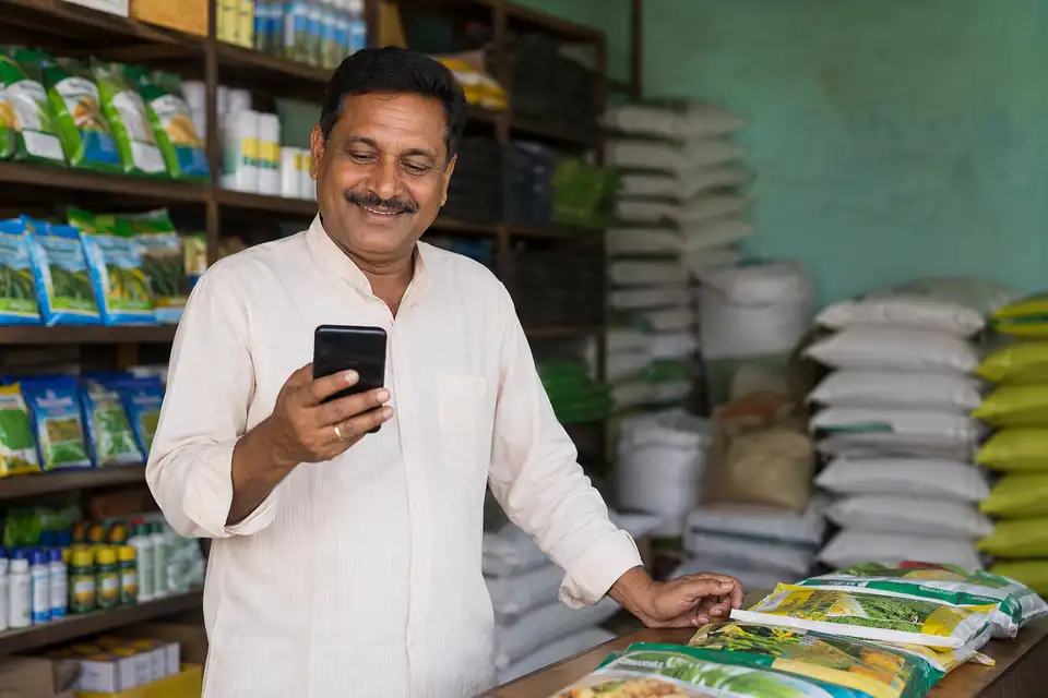 A happy Chemicals & Fertilizers channel partner seeing incentive progress on his phone with Unotag
