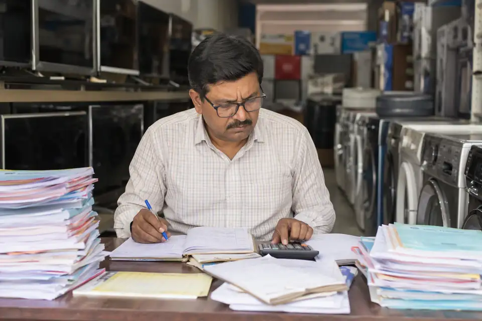 A Electronics channel partner working out incentives by hand with paper circulars and registers