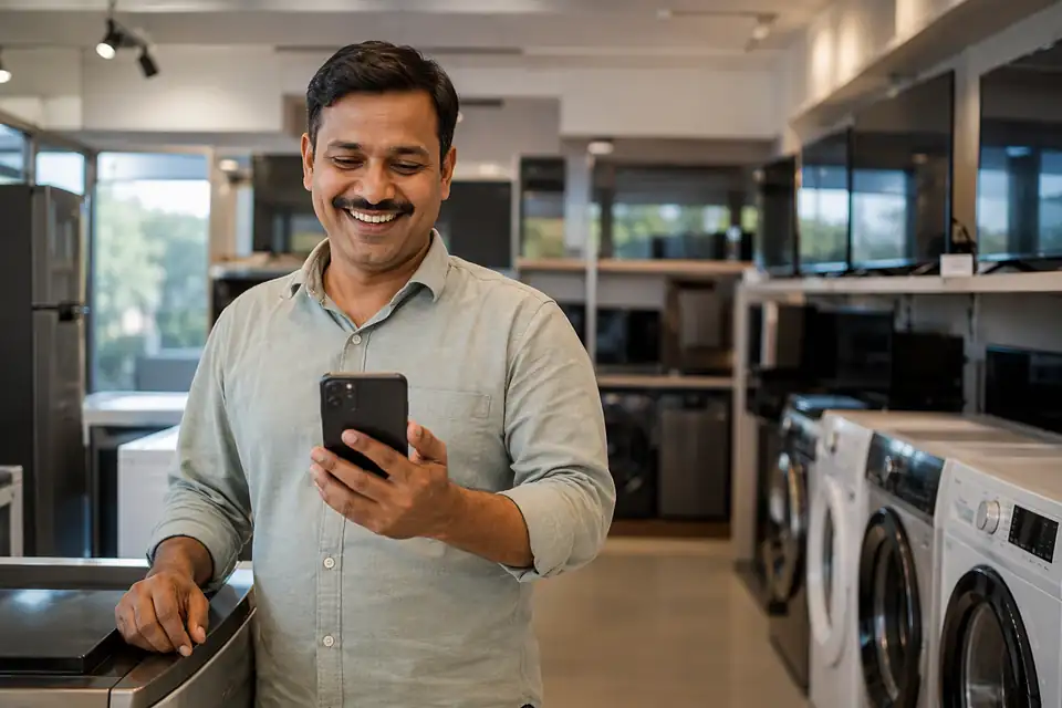 A happy Electronics channel partner seeing incentive progress on his phone with Unotag