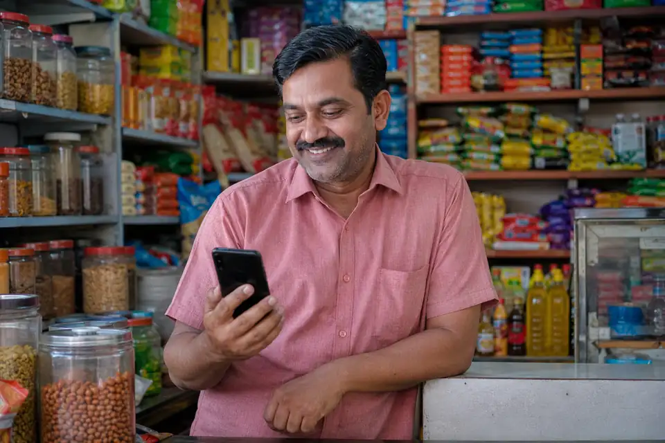 A happy FMCG channel partner seeing incentive progress on his phone with Unotag