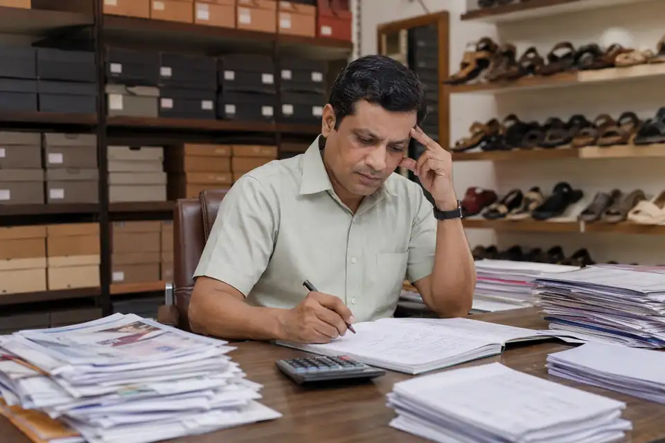 A Footwear channel partner working out incentives by hand with paper circulars and registers