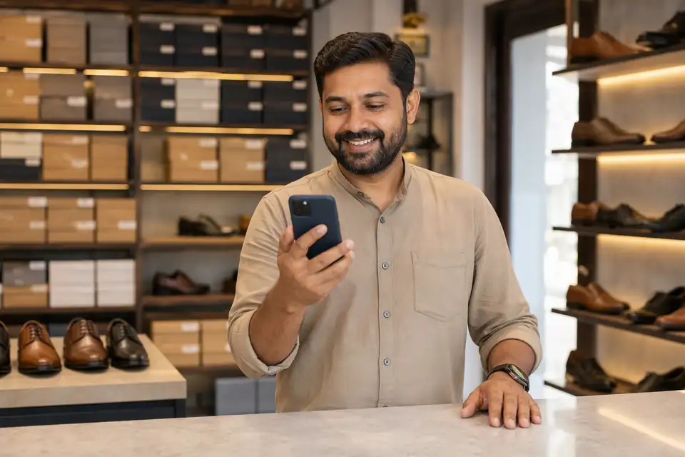 A happy Footwear channel partner seeing incentive progress on his phone with Unotag