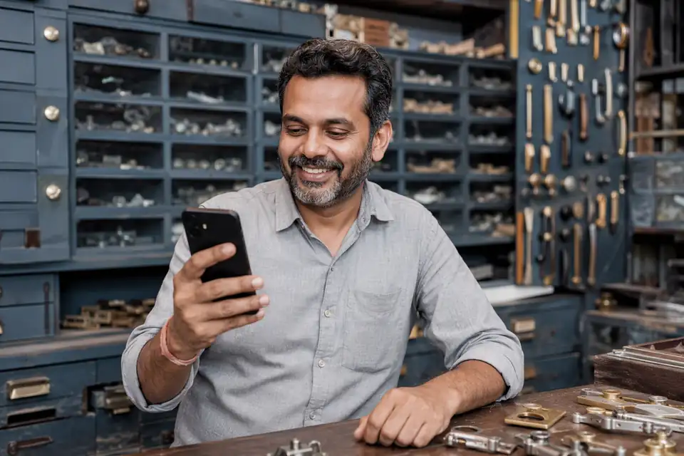 A happy Furniture Fittings & Hardware channel partner seeing incentive progress on his phone with Unotag