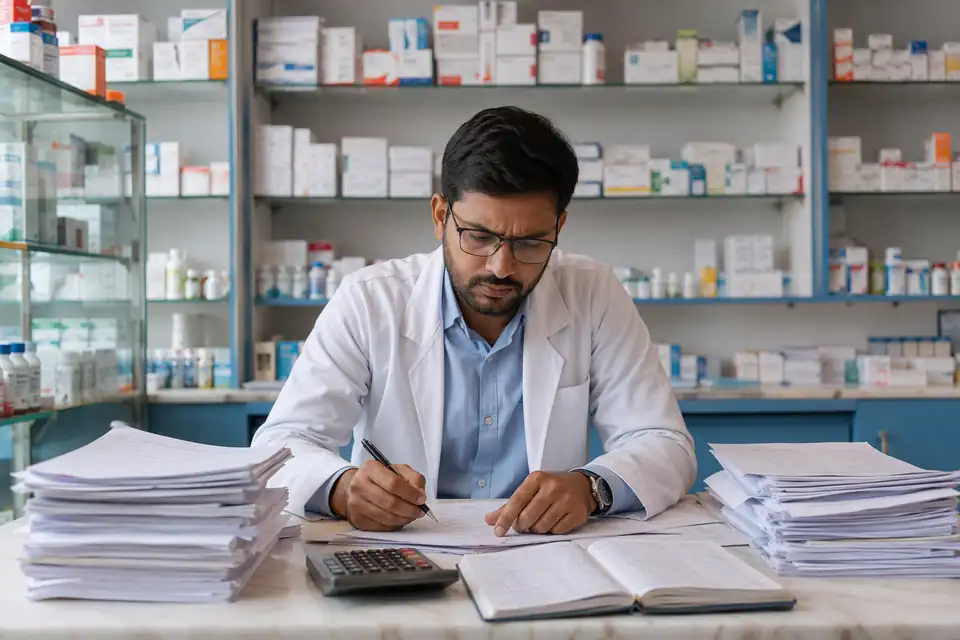 A Pharmaceuticals channel partner working out incentives by hand with paper circulars and registers