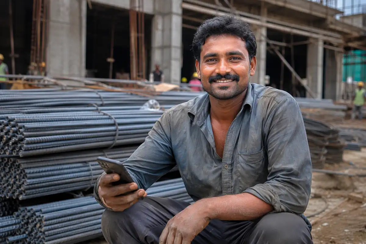 A happy bar bender at a construction site with bundles of TMT bars, holding his phone