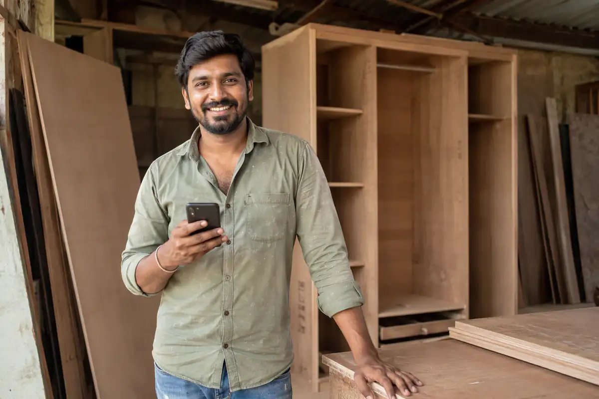 A happy carpenter in his workshop holding his phone beside a half-built wardrobe