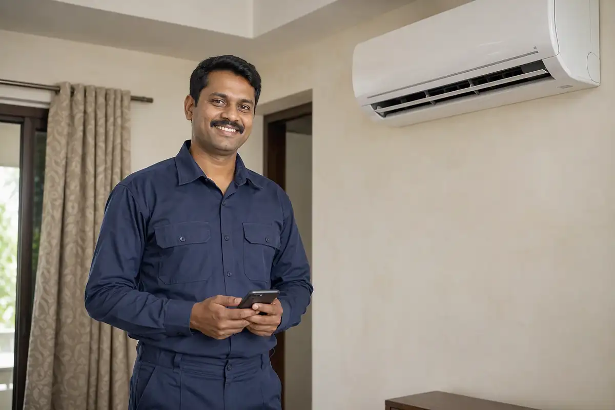 A happy appliance technician beside a newly installed air conditioner, holding his phone