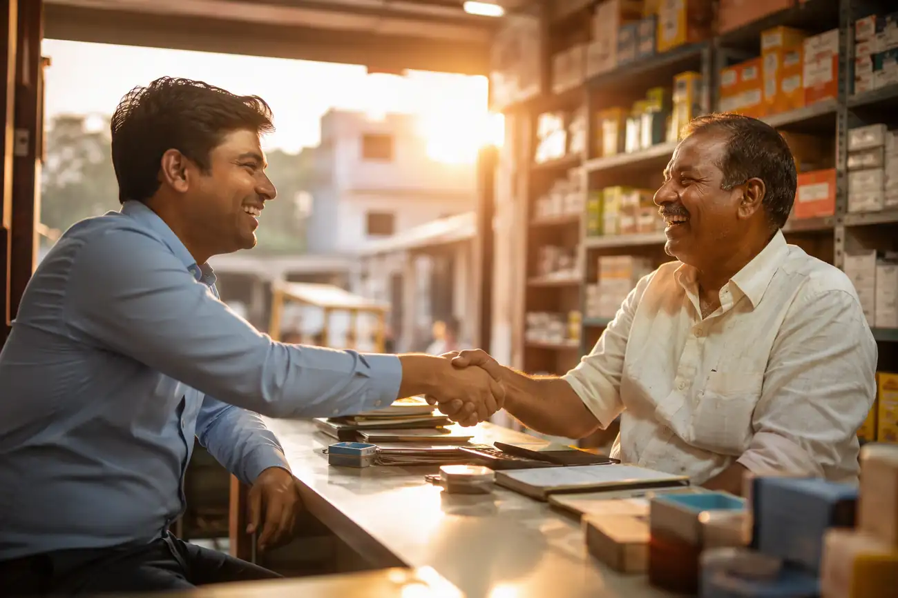 A dealer and a company sales officer shaking hands