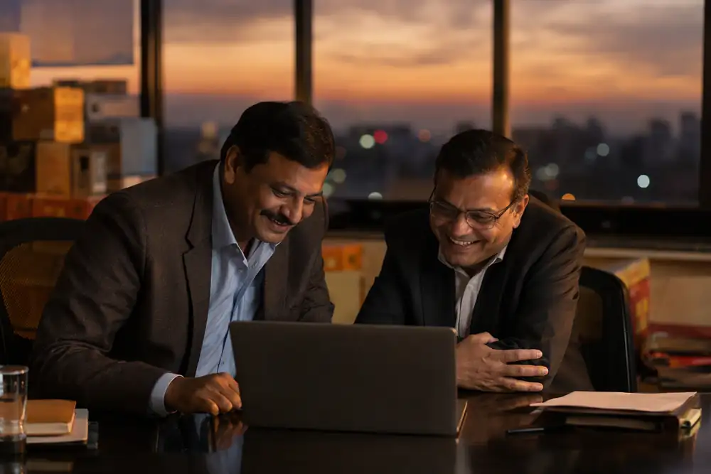 Sales and finance heads reviewing scheme results on one laptop