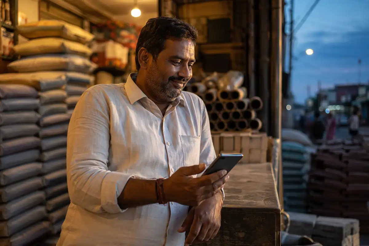A dealer at his shop counter at dusk checking his scheme earnings on his phone