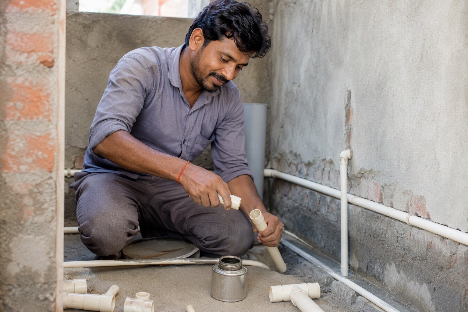 Plumber joining CPVC pipework on an Indian residential site