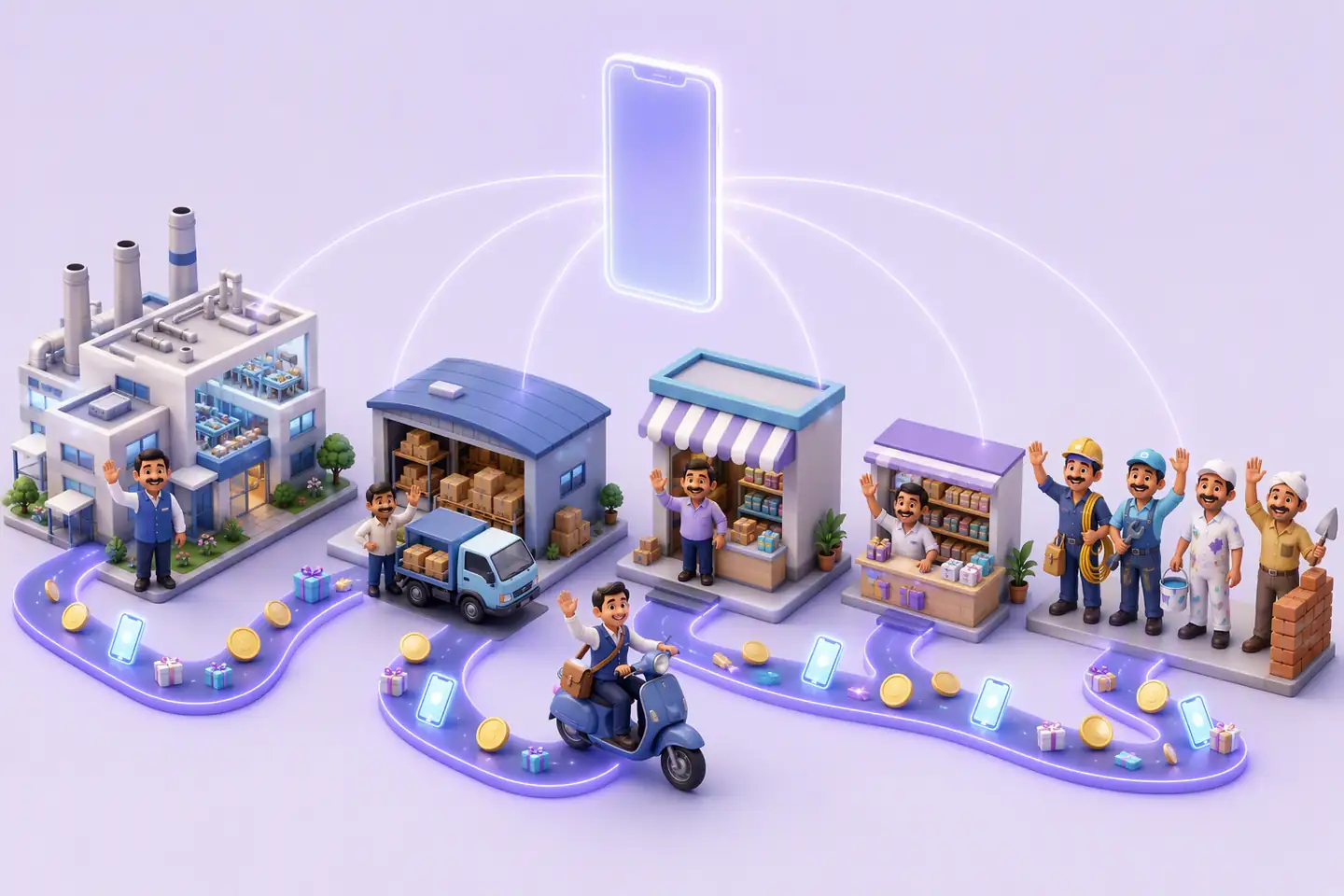 3D model of a happy channel: brand factory, distributor, dealer, retailer and tradesmen connected by Unotag, with rewards flowing along the path and a salesperson on a scooter