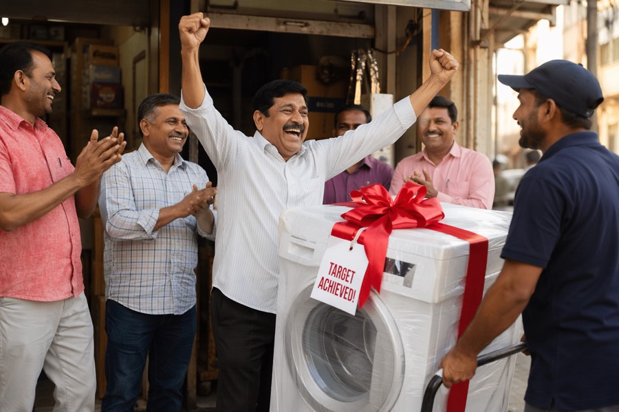 Retailer celebrating a washing machine delivered for completing his target