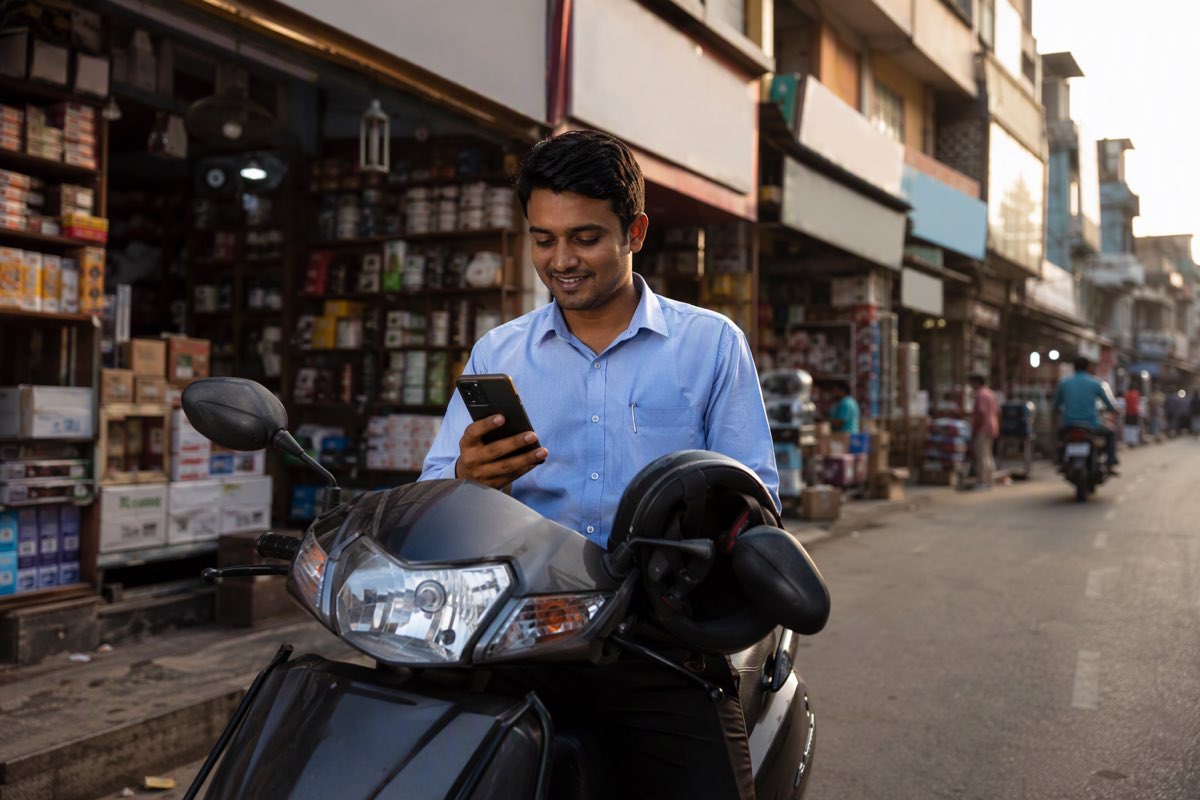 A field sales executive on his scooter in a market street checking his incentive statement between counters