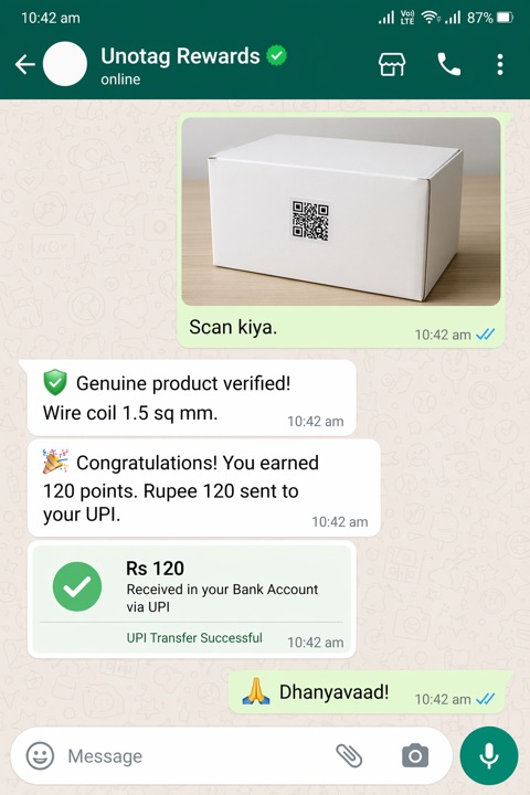 WhatsApp chat with Unotag Rewards: QR scanned, product verified genuine, 120 points earned and ₹120 UPI transfer successful